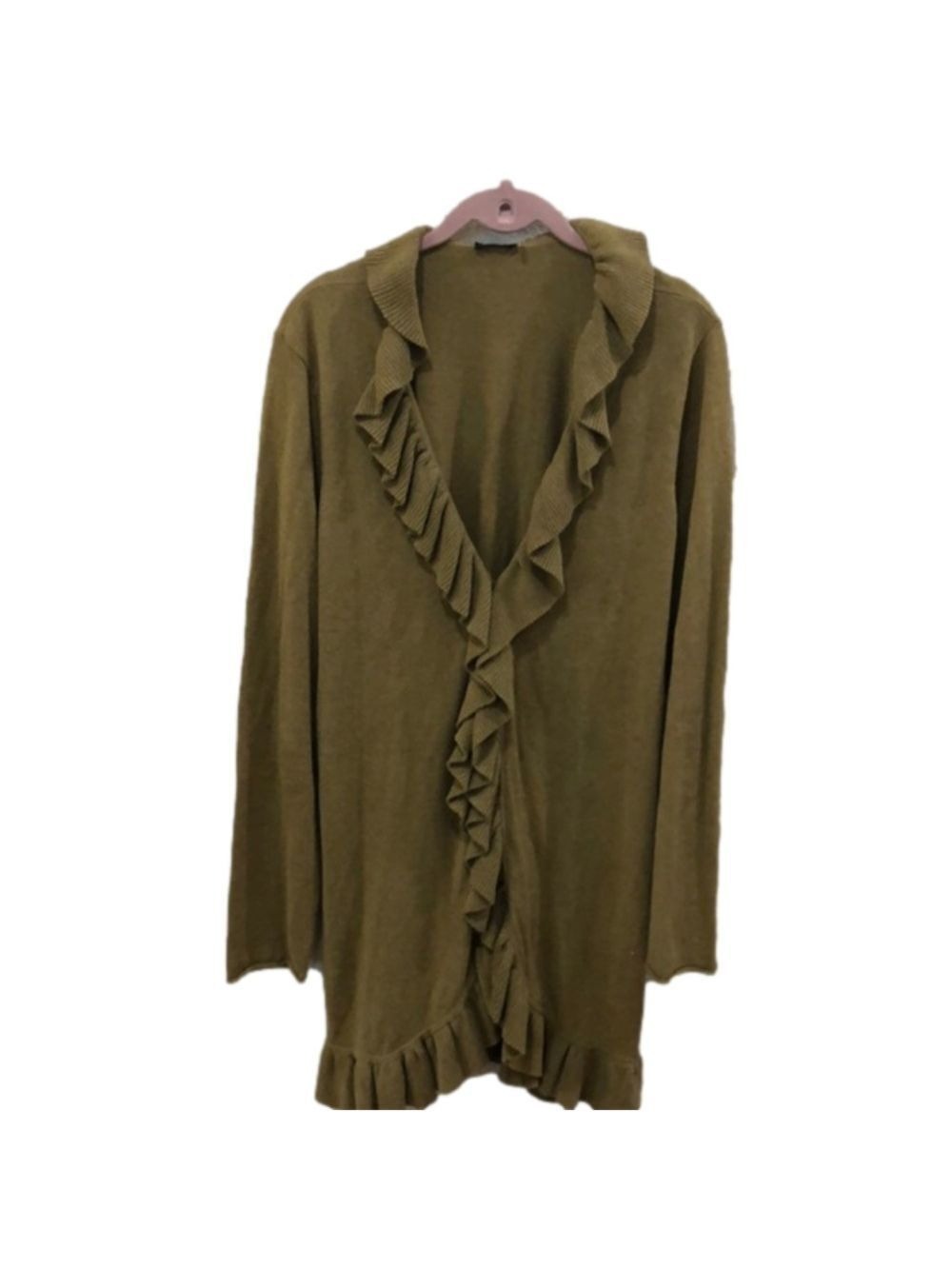 Magaschoni Size L cotton and cashmere blend olive green cardigan. . Ruffles